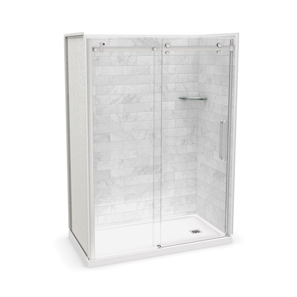 MAAX Utile 60-in x 32-in Marble Carrara and Chrome Alcove Shower Kit with Right Drain - 5-Piece