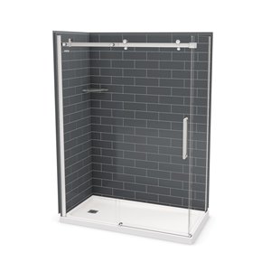 Ensemble de douche en coin Utile par MAAX gris foudre et chrome de 60 po x 32 po x 84 po avec drain à gauche, 5 pièces