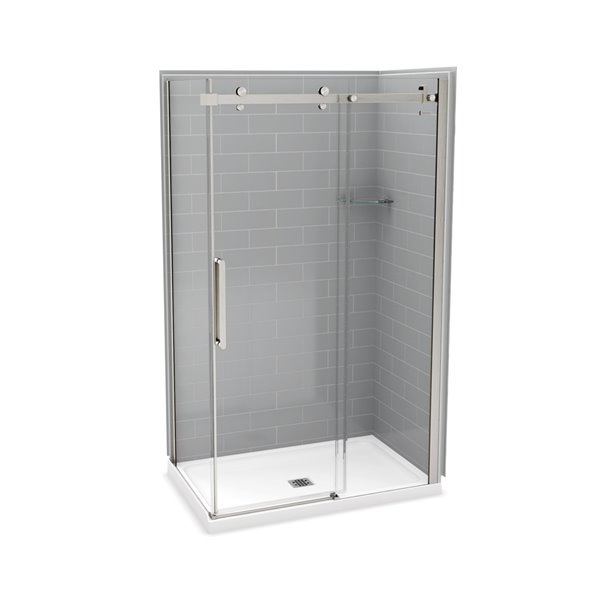 Ensemble de douche en coin Utile de MAAX gris cendre et nickel brossé 48 po x 32 po x 84 po avec drain central, 5 pièces