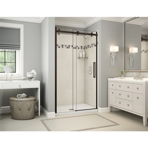 MAAX Utile Alcove Shower Kit with Central Drain - 48-in x 32-in - Stone Sahara/Dark Bronze - 5-Piece