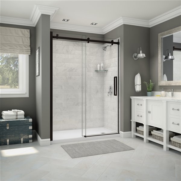 MAAX Utile 60-in x 32-in Marble Carrara and Dark Bronze Alcove Shower Kit with Right Drain - 5-Piece