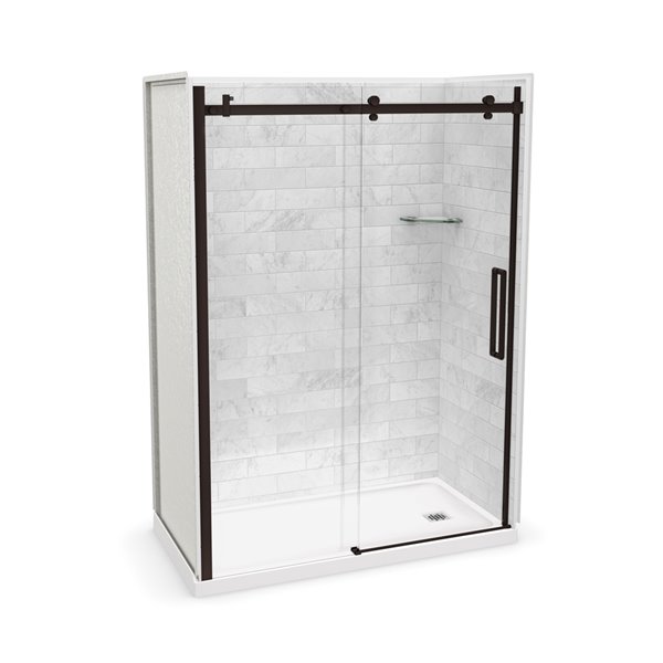 MAAX Utile 60-in x 32-in Marble Carrara and Dark Bronze Alcove Shower Kit with Right Drain - 5-Piece