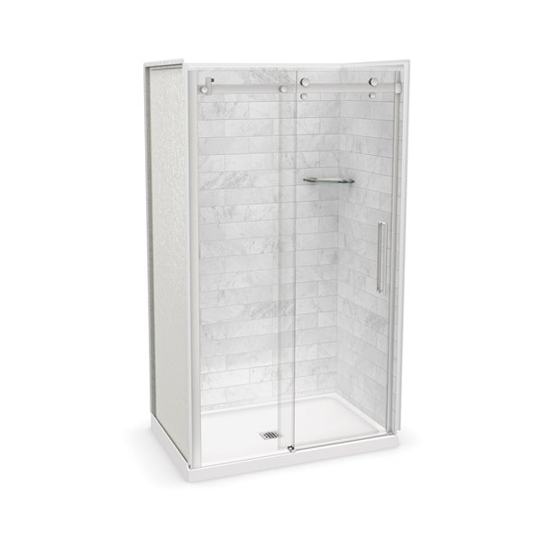 MAAX Utile 48-in x 32-in Marble Carrara and Chrome Alcove Shower Kit with Centre Drain - 5-Piece