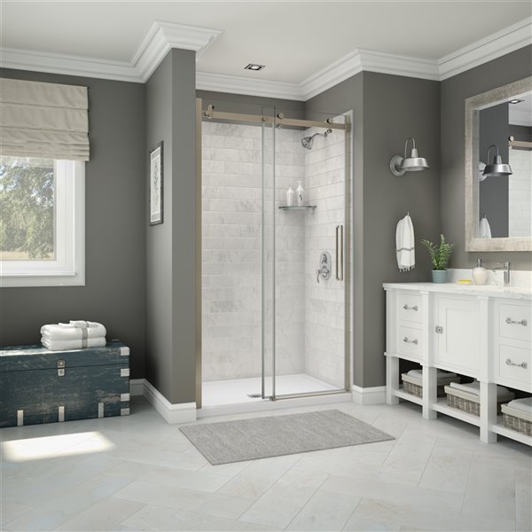 MAAX Utile Alcove Shower Kit with Central Drain - 48-in x 32-in - Marble Carrara/Brushed Nickel - 5-Piece
