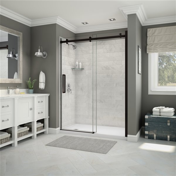 MAAX Utile 60-in x 32-in Marble Carrara and Dark Bronze Alcove Shower Kit with Left Drain - 5-Piece