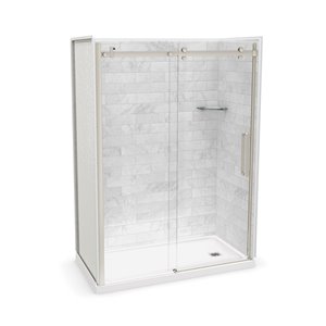 MAAX Utile 60-in x 32-in Marble Carrara and Brushed Nickel Alcove Shower Kit with Right Drain - 5-Piece