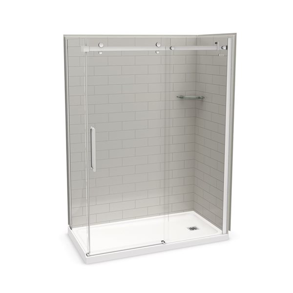 MAAX Utile 60-in x 32-in x 84-in Soft Grey and Chrome Corner Shower Kit with Right Drain - 5-Piece