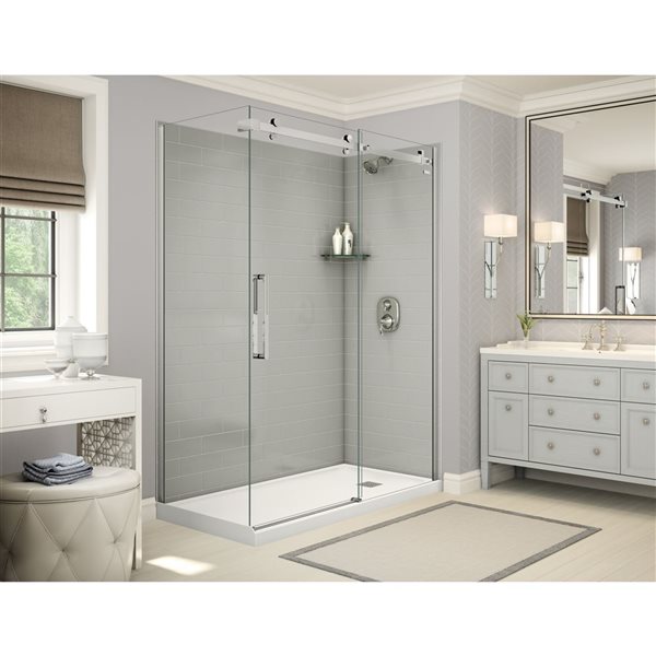 MAAX Utile 60-in x 32-in x 84-in Soft Grey and Chrome Corner Shower Kit with Right Drain - 5-Piece