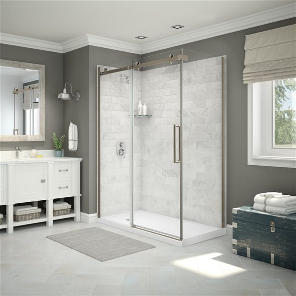 MAAX Utile 60-in x 32-in x 84-in Marble Carrara and Brushed Nickel Corner Shower Kit with Left Drain - 5-Piece