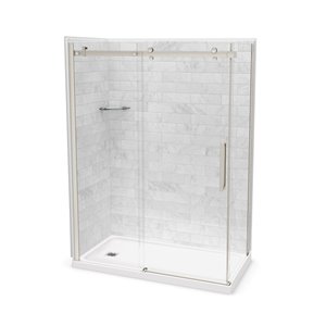 Ensemble de douche en coin Utile de MAAX marbre Carrara et nickel brossé 60 po x 32 po x 84 po drain à gauche, 5 pièces