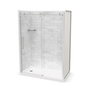 MAAX Utile 60-in x 32-in Marble Carrara and Chrome Alcove Shower Kit with Left Drain - 5-Piece