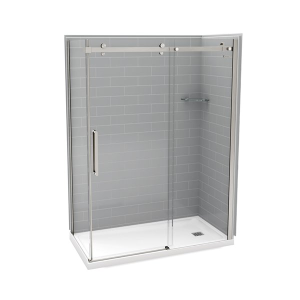 Ensemble de douche en coin Utile par MAAX gris cendre et nickel brossé 60 po x 32 po x 84 po drain à droite, 5 pièces