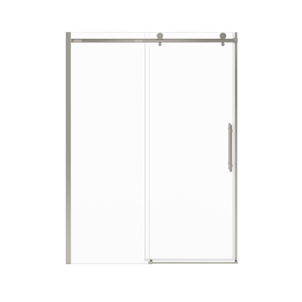 MAAX Odyssey SC 57-in x 59-1/2-in x 78-in Frameless Brushed Nickel Sliding Shower Door (Clear Glass)