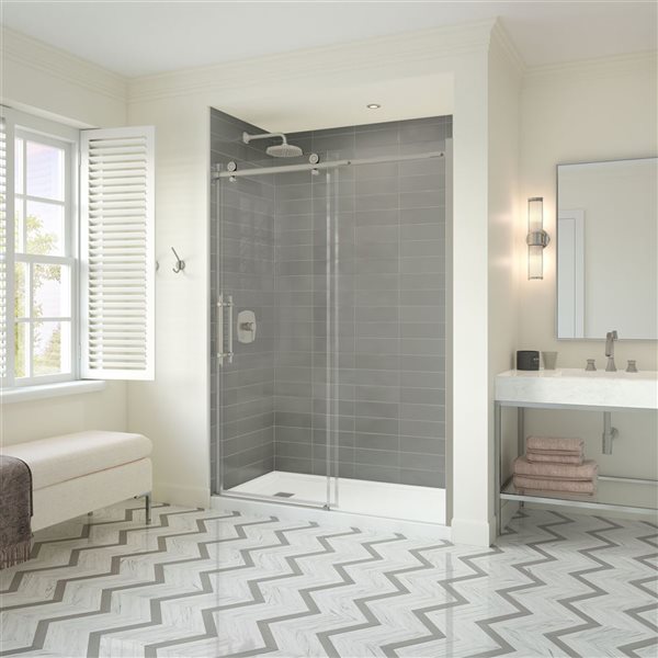 MAAX Odyssey SC 57-in x 59-1/2-in x 78-in Frameless Brushed Nickel Sliding Shower Door (Clear Glass)