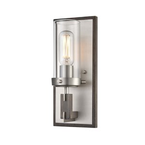 DVI Okanagan Modern 1-Light Wall Sconce - 5.5-in - Buffed Nickel and Barn Wood