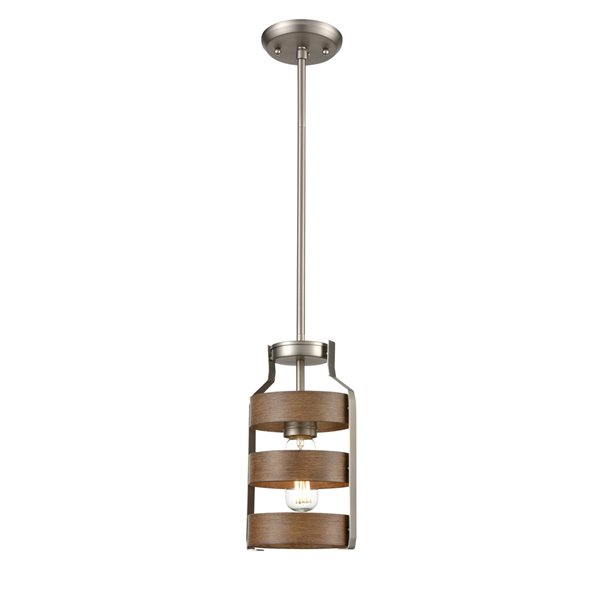 Mini luminaire suspendu moderne Fort Garry de DVI, 1 lumière, nickel poli et bois de grange