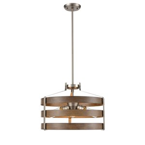 Luminaire suspendu moderne Fort Garry de DVI, 3 lumières, nickel poli et bois de grange