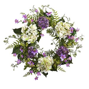Nearly Natural Hydrangea Berry Wreath - 24-in - Purple and White