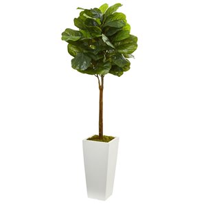 Nearly Natural Fiddle Leaf Artificial Tree with White Tower Planter - 4-ft - Green