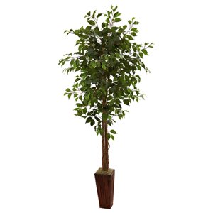 Nearly Natural Ficus Tree with Bamboo Planter -6-ft - Green