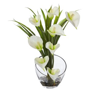 Nearly Natural Calla Lily and Grass Artificial Arrangement in Vase - 15.5-in - Cream