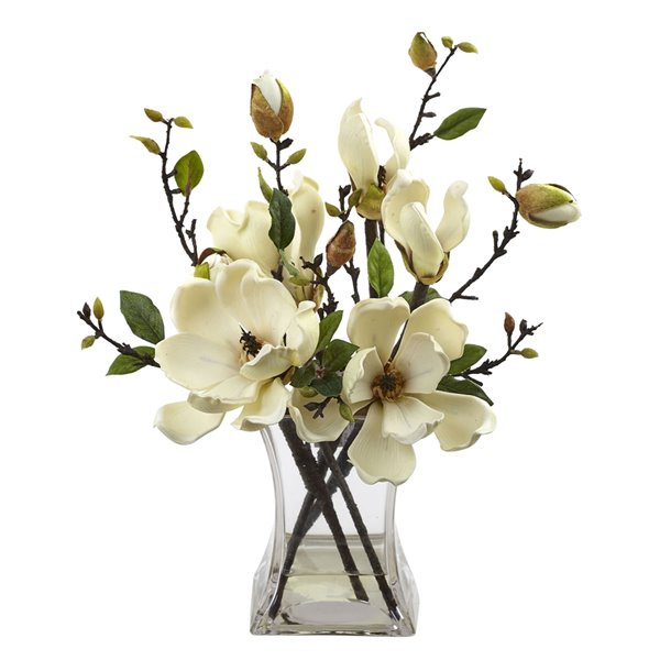 Nearly Natural Magnolia Arrangement with Vase - 15-in - White