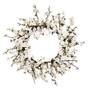 Nearly Natural Plum Blossom Wreath - 24-in - White