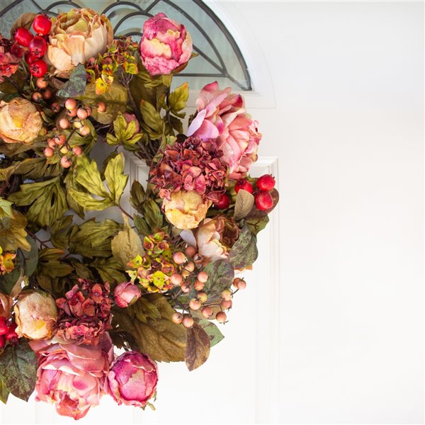 Nearly Natural Hydrangea and Peony Wreath - 24-in - Pink and Burgundy