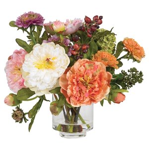 Nearly Natural Peony Silk Arrangement - 10-in - Peach and White