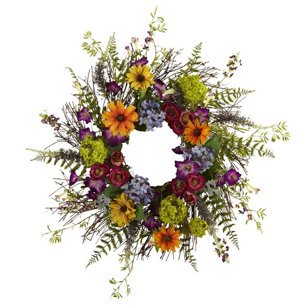 Nearly Natural Spring Garden Wreath with Twig Base - 24-in - Orange, Pink  and Green