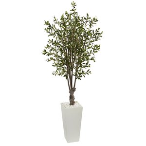 Nearly Natural Olive Artificial Tree in White Tower Planter - 6-ft - Green