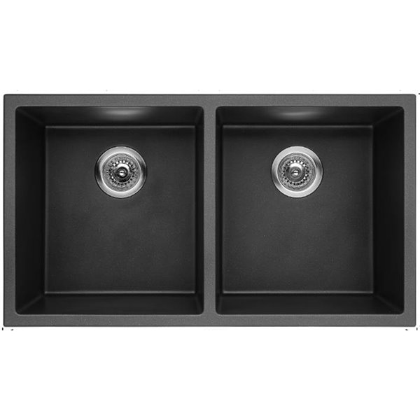 American Imaginations 18-in x 32-in Transitional Black Granite Composite Double Equal Bowl Drop-In Residential Kitchen Sink