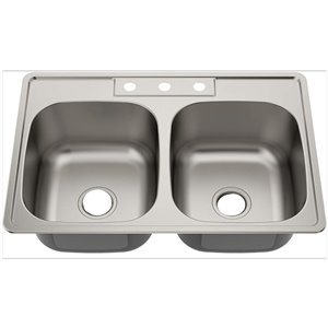 Évier de cuisine double encastré de American Imaginations, 33 po x 22 po, calibre 20, nickel brossé