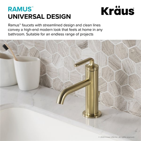 Kraus Ramus Single Handle Bathroom Faucet with Lift Rod Drain - Brushed Gold