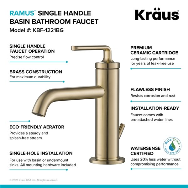 Kraus Ramus Single Handle Bathroom Faucet with Lift Rod Drain - Brushed Gold