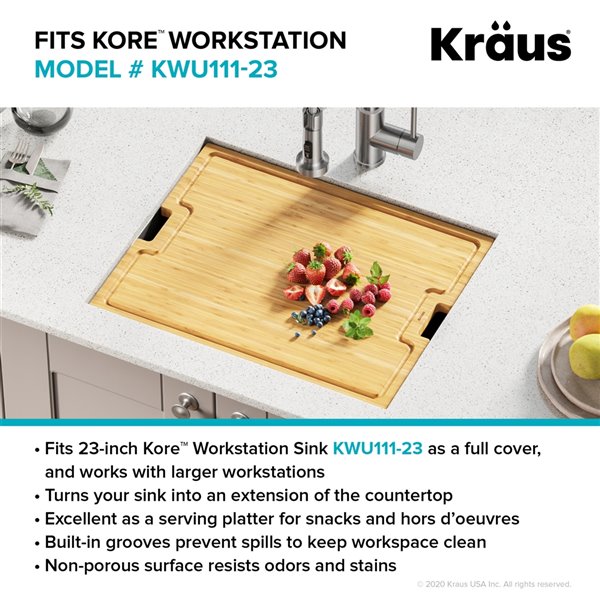 Kraus Workstation Solid Bamboo Cutting Board - 17-in - Brown