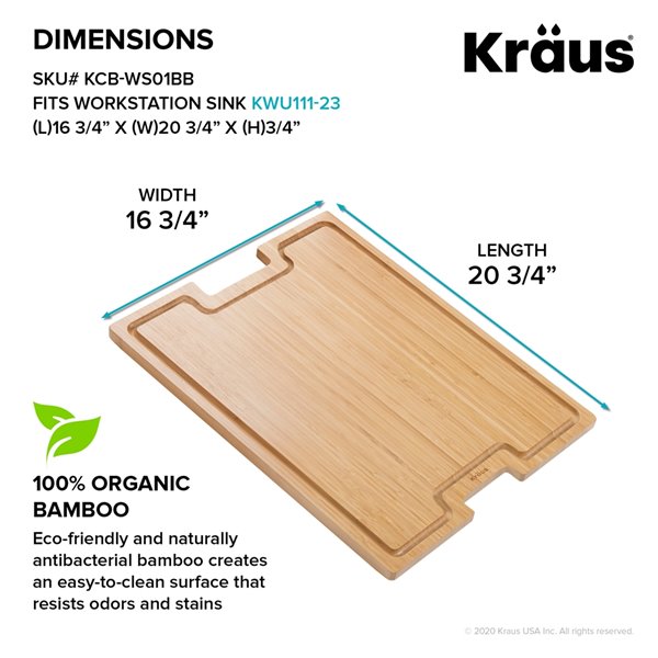 Kraus 12 in. Solid Bamboo Workstation Kitchen Sink Cutting Board