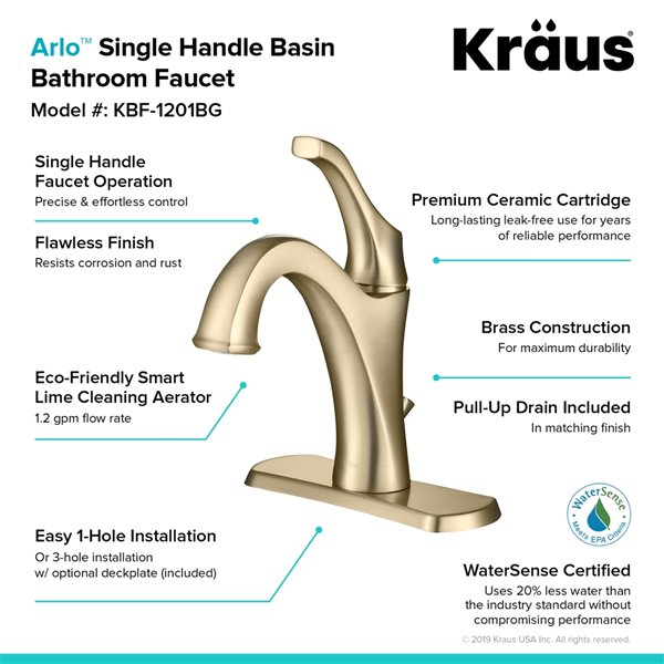 Kraus Arlo Bathroom Faucet with Drain and Deck Plate - 2 Pack - Brushed Gold