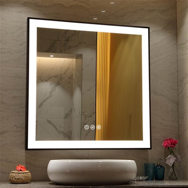 Miroir LEA d'akuaplus®® avec lumière DEL, 30 po x 30 po, noir mat  MIRDEL002BL