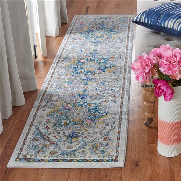 Tapis de couloir Aria ARA129F-28 de Safavieh, rectangulaire, 2 pi x 8 pi, gris/bleu