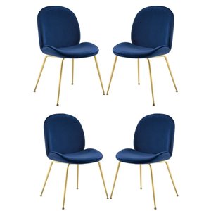 Plata Decor Lotus Velvet Dining Chairs - Blue with Gold Legs - Set of 4