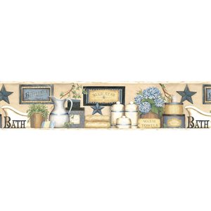 Bordure de papier peint encollée Martha Chesapeake, bain de campagne, 6 po, bleu et beige