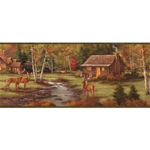 Bordure de papier peint encollée Chesapeake, ruisseau et cerfs, 8,25 po, brun