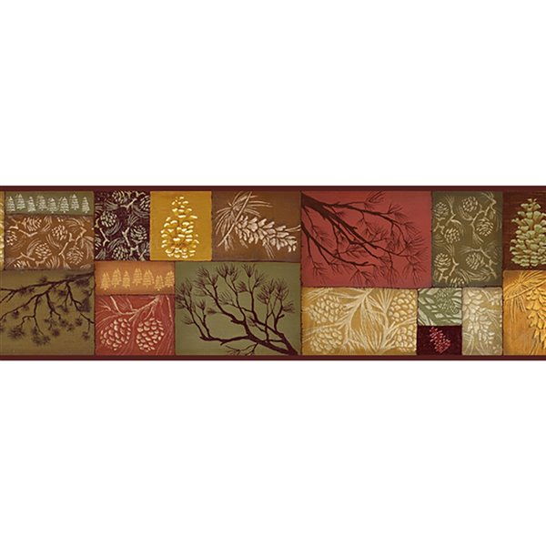 Bordure de papier peint encollée Chesapeake, patchwork de pomme de pin, 6 po, brun et rouge