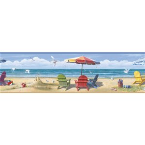 Bordure de papier peint encollée Lori Chesapeake, plage d'été, 9 po, bleu