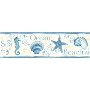 Bordure de papier peint encollée Island Bay Chesapeake, coquillages, 6,83 po, bleu