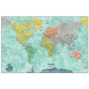 Carte du monde murale autocollante de WallPops, 36 po x 24 po