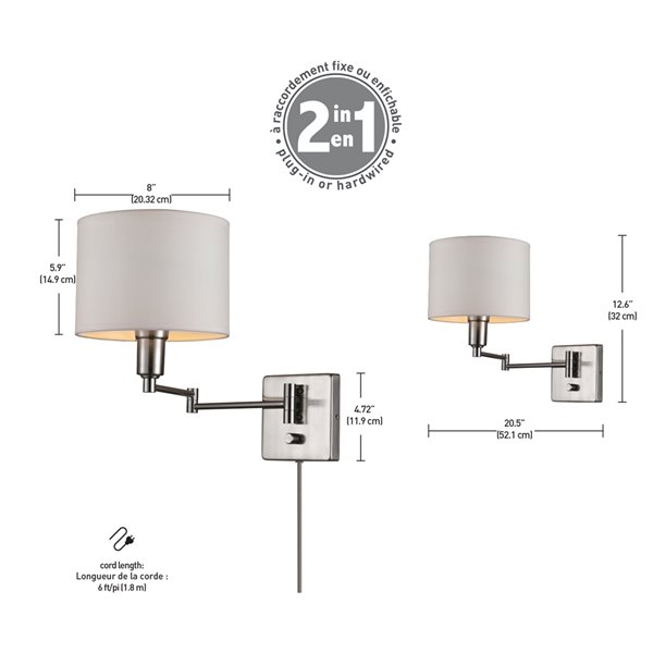 Globe Electric Bernard 1-Light Wall Sconce - Plug-In or Hardwire - Brushed Steel