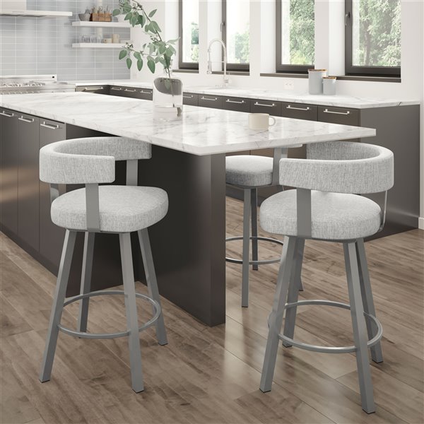 Tabouret de bar pivotant Parker 30,25 po, polyester gris blanc, métal gris lustré