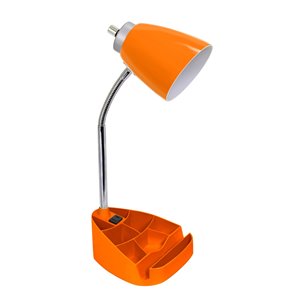 LimeLights Gooseneck Organizer Desk Lamp with Holder and Charging Outlet - Orange